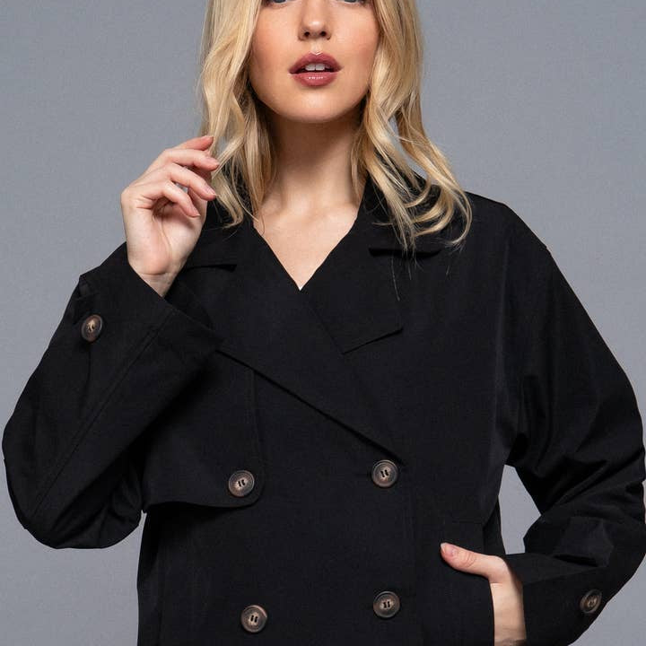 Active Basic Long Sleeve Front Double Breasted Short Trench Jacket