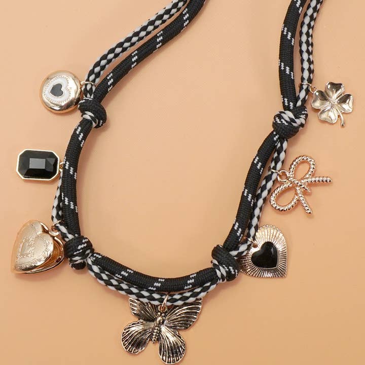 JOSSLYN by Wall to Wall Double Cord Charm Necklace - Heart Locket Clover | 80N92317