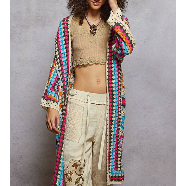 Pol Clothing Long Sleeve Crochet Multi Colored Cardigan by Pol Clothing