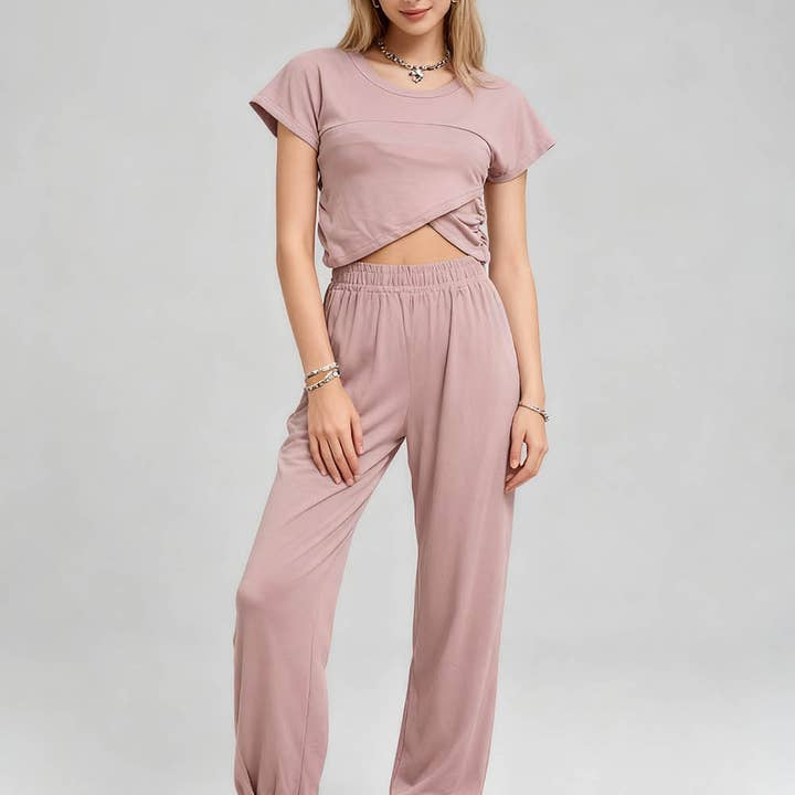 Sweetkama Ladies Solid Color Crop Top and Pants Set
