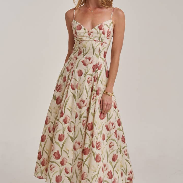 BON Romantic Tulip Print Midi Dress with Adjustable Strap by BON