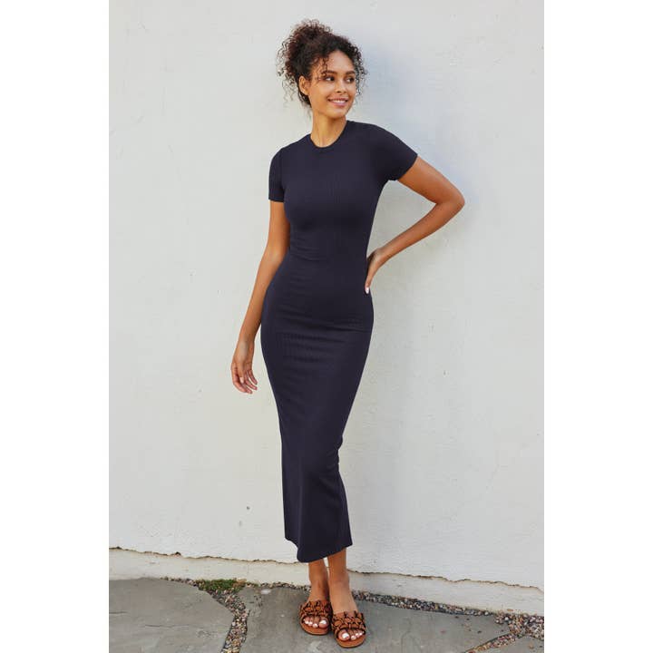 Dress Forum Ribbed Knit Back Slit T-Shirt Dress - Navy