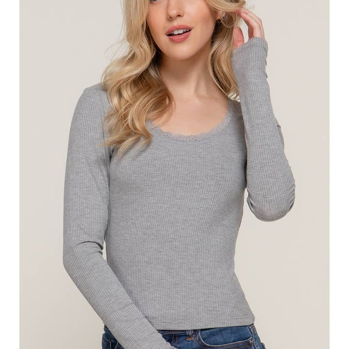 Active Basic Long Sleeve Scoop Neck with Lace Trim Rib Knit Top