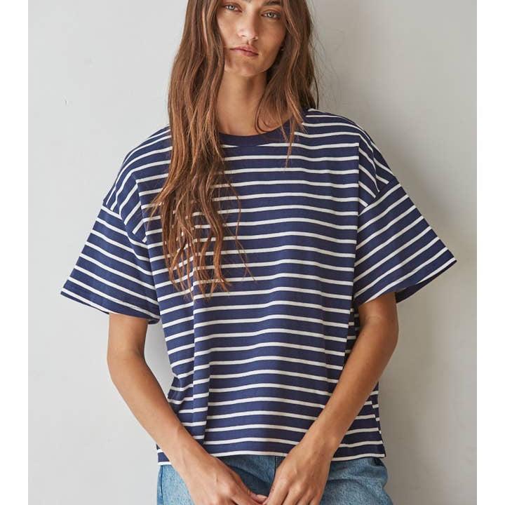 By Together Knit Cotton Striped Short Sleeve Crew Neck Top