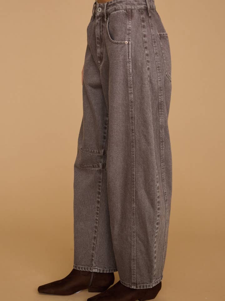 Dottie Dottie Garage Washed Barrel Leg Denim Jeans in Chocolate by Dottie Dottie Garage