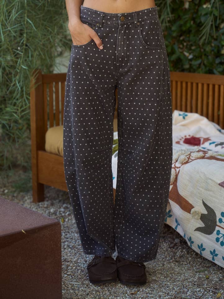 Dottie Dottie Garage Polka Dot Barrel Leg Denim Jeans in Charcoal by Dottie Dottie Garage