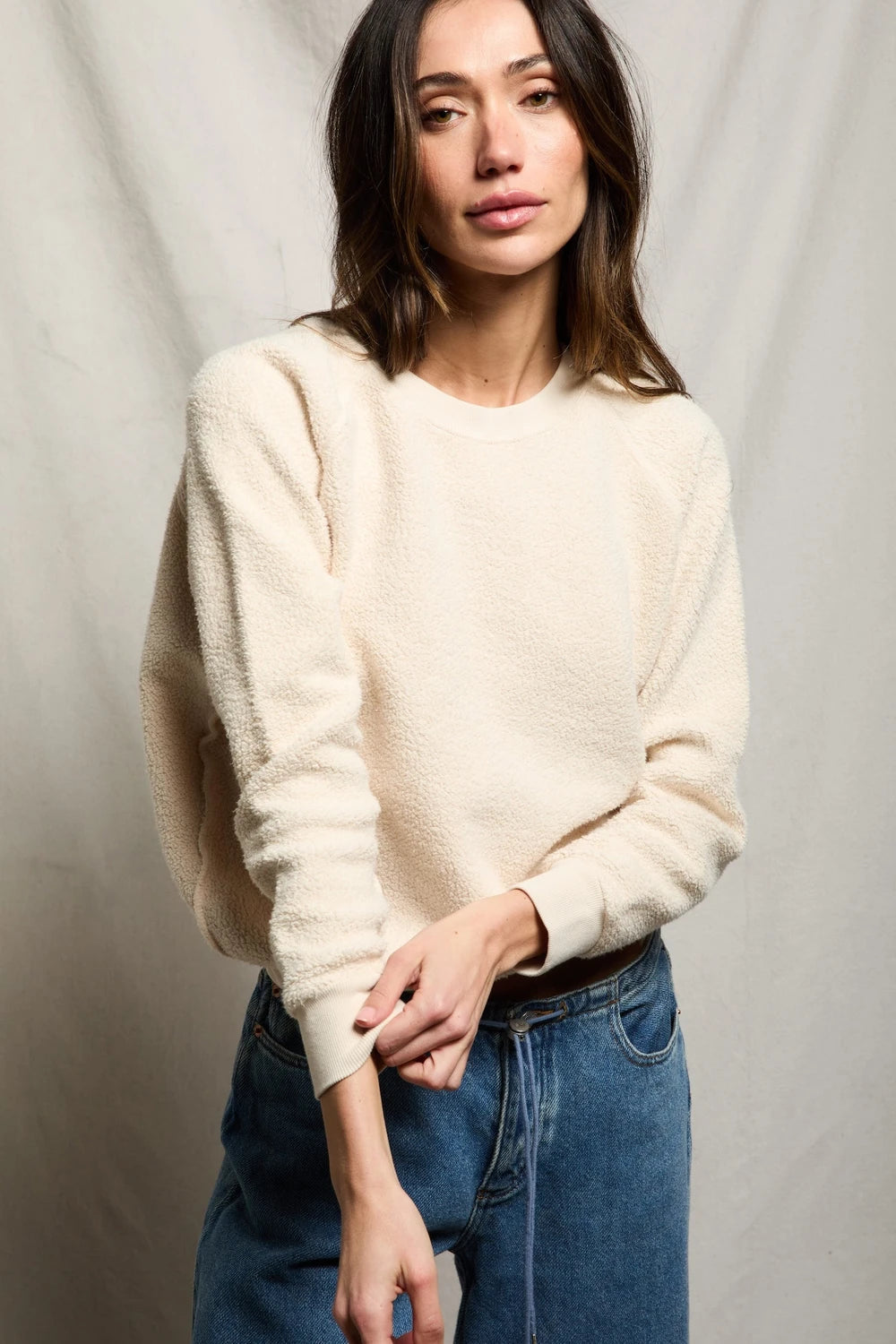 perfectwhitetee Ziggy Inside Out Fleece Long Sleeve Crewneck Sweatshirt Sugar