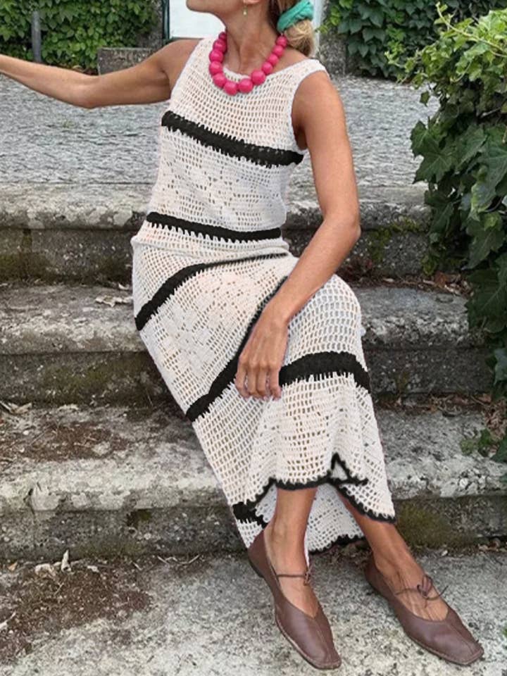 Rosa Clothing Color Block Striped Crochet Floral Dress by Rosa Clothing