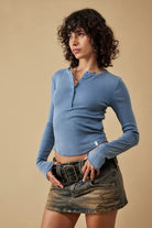 BDG Drake Henley Womens Long Sleeve Top Blue