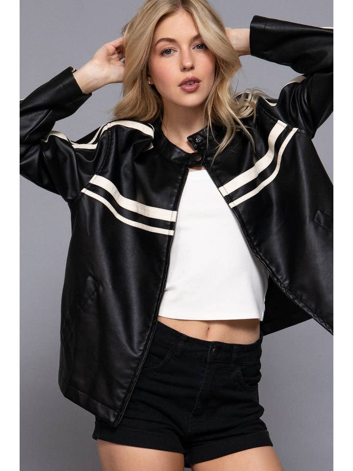 Active Basic Long Sleeve Line Detail Washed Effect Faux Leather Jacket