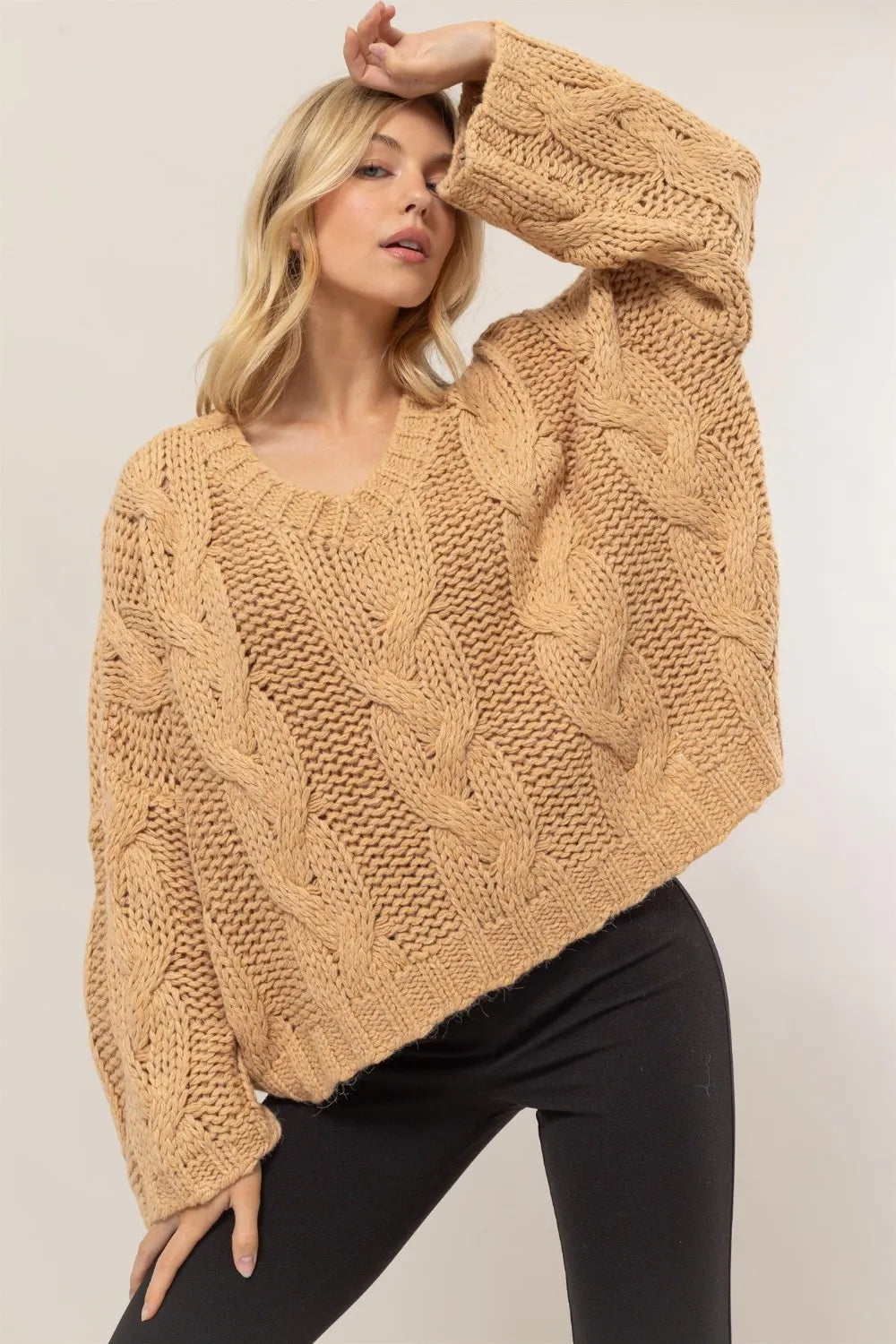 HYFVE  V Neck Cable Knit Oversized Sweater