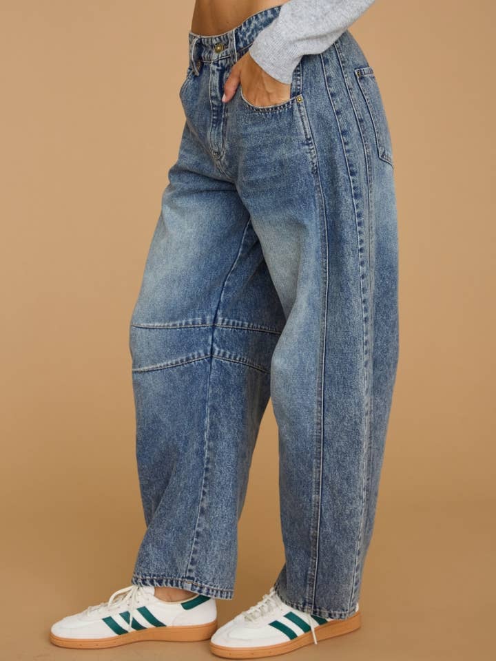 Dottie Dottie Garage Washed Barrel Denim Jeans in Denim by Dottie Dottie Garage
