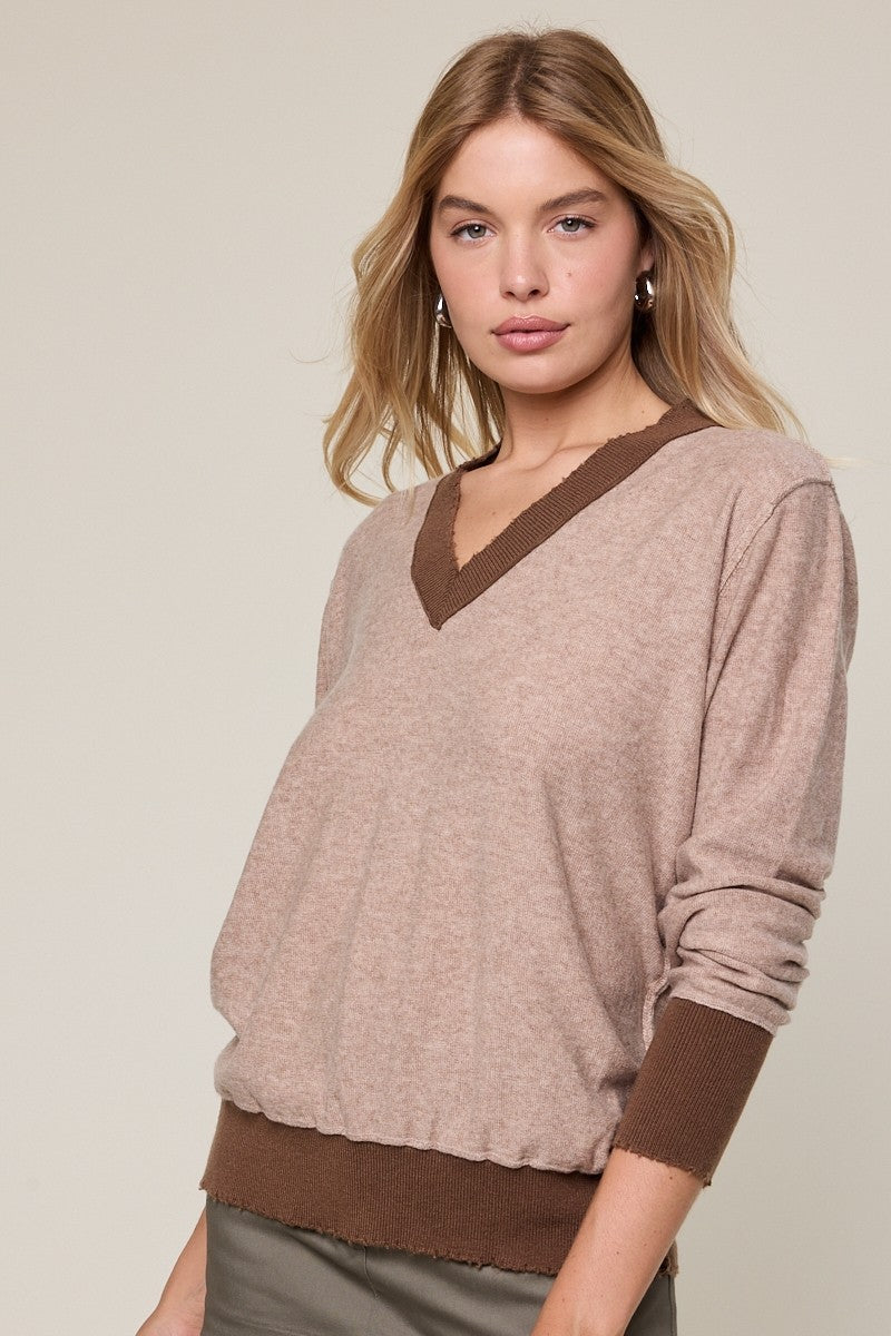 GOLDEN Lorelei V-Neck LS Loose Fit Knit Sweater Wheat