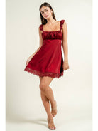 Beivy & Collabo Satin Short Dress with Lace Trims - Maroon