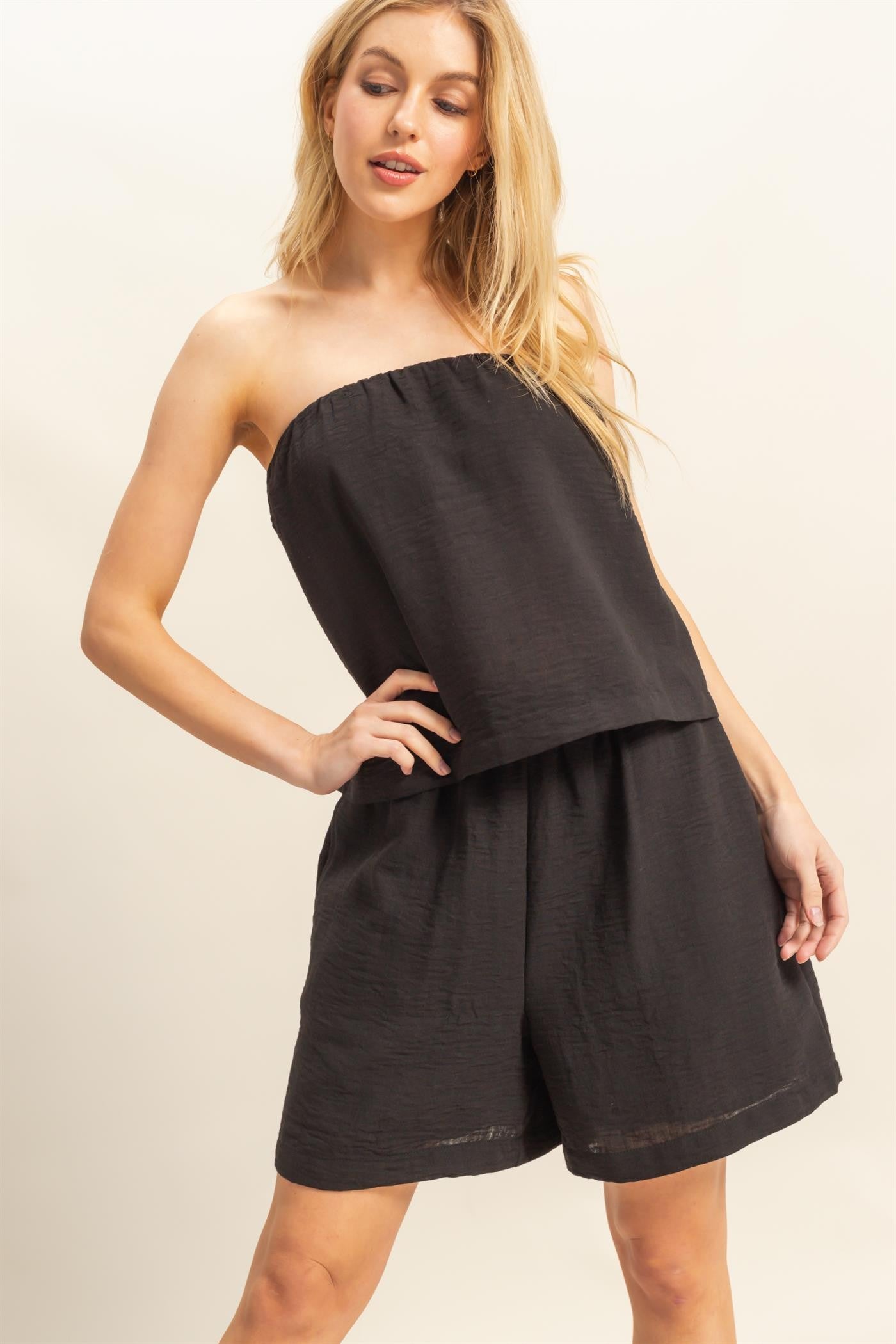 GOLDEN Astra Tube Top And Flowy Shorts Set Black