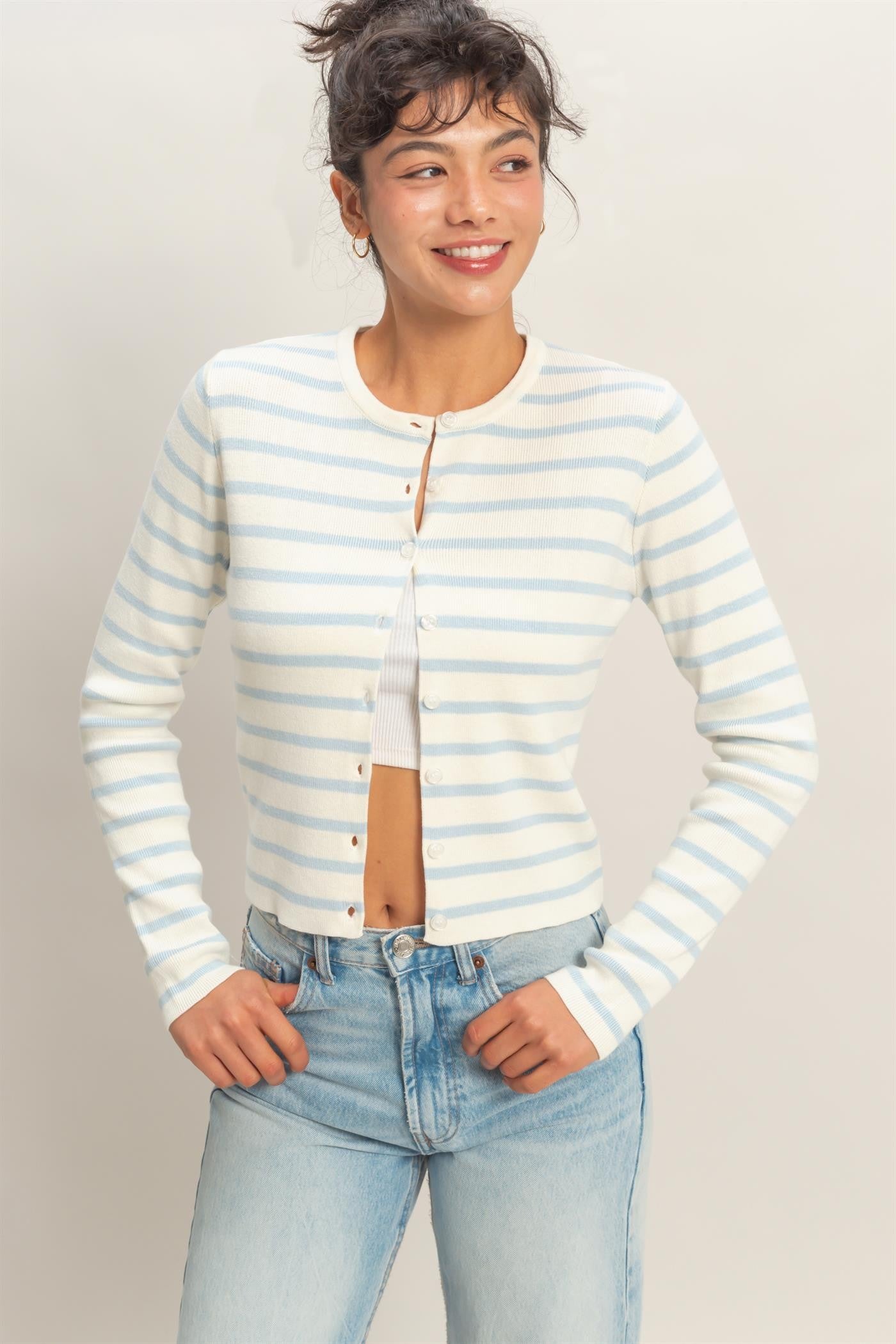 GOLDEN Vega Striped Button-up Cardigan Ice Blue