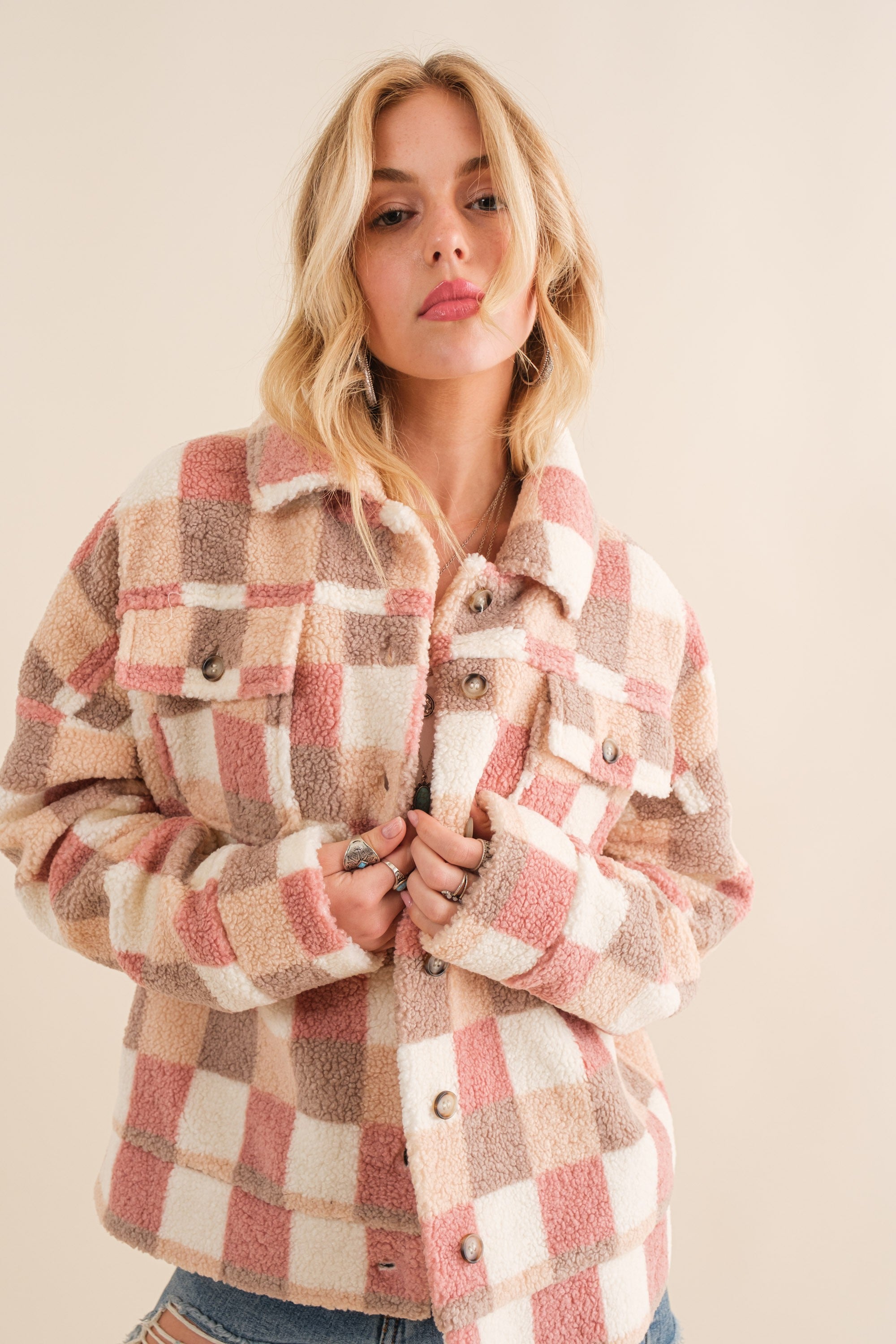 GOLDEN Joanne Checkered Teddy Oversized Jacket Pink