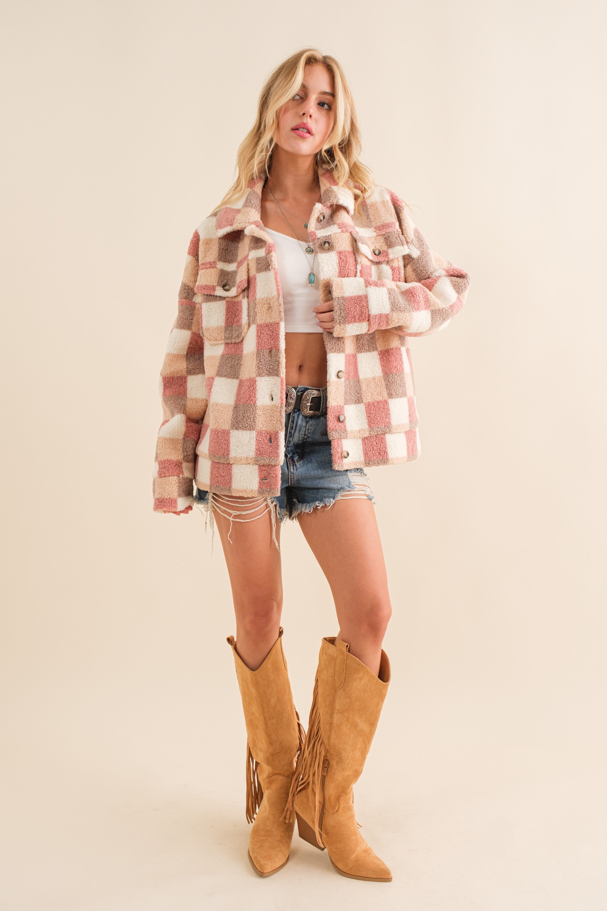 GOLDEN Joanne Checkered Teddy Oversized Jacket