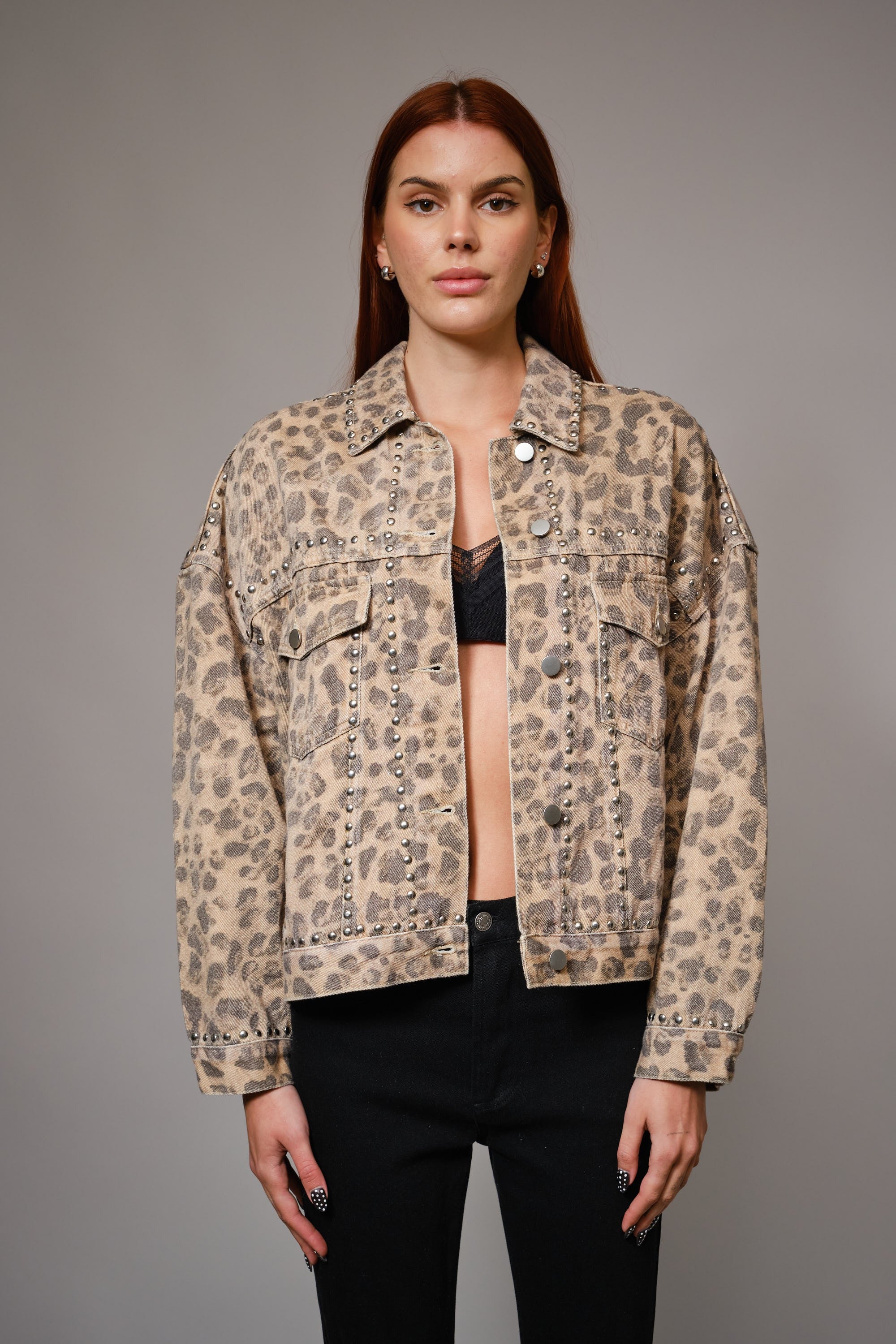 GOLDEN Melusine Studded Leopard Denim Jacket