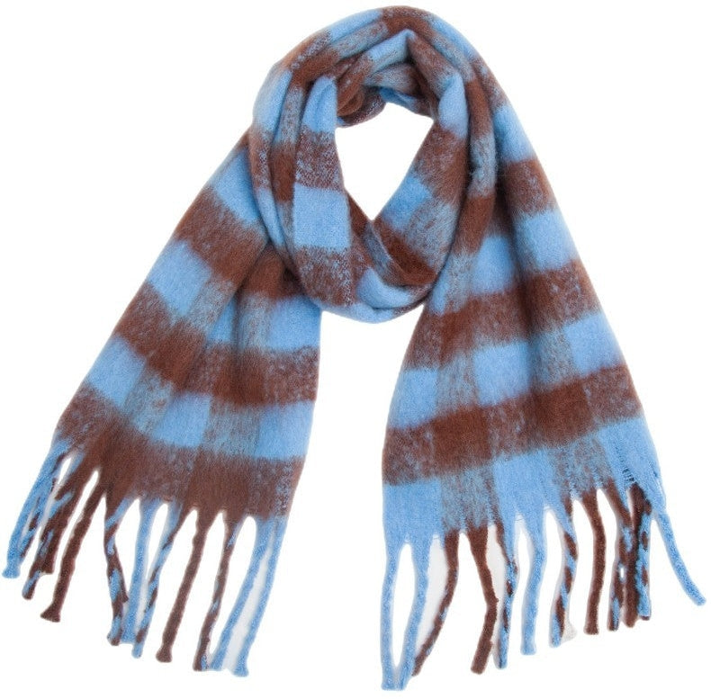 Dipped Shop Plaid Contrast Color Tassel Scarves - C1 - Blue/Brown