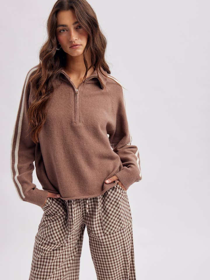 Wishlist Apparel Varisty Sport Stripe Half Zip Sweater Mocha
