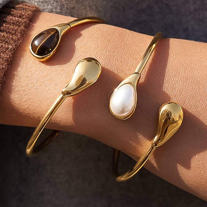 Flanerie by MAIQ Harbor 18K Gold Non-Tarnish Open Cuff Stone Bracelet by Flanerie by MAIQ