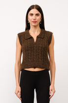 GOLDEN Trish Fuzzy Sweater Collared Vest Top Brown