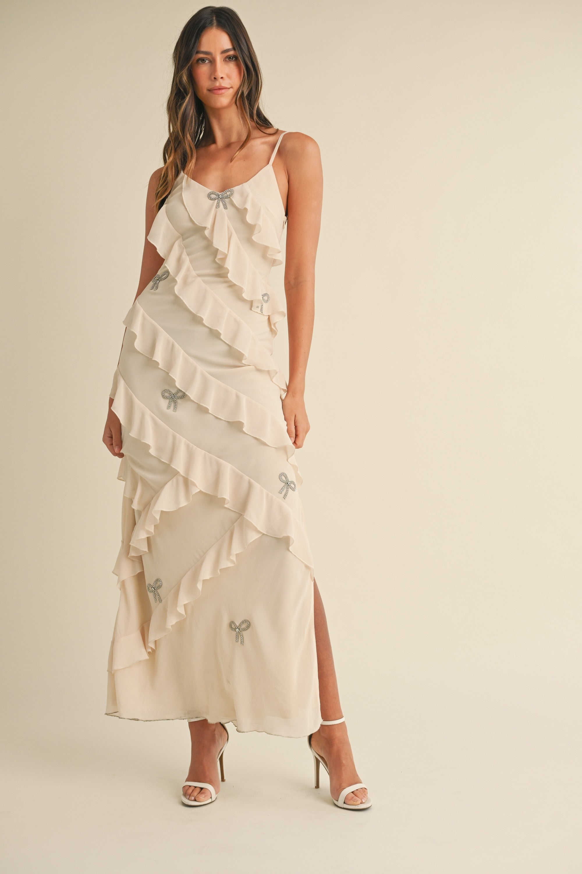 GOLDEN Cordi Bow Rhinestone Detailed Ruffle Maxi Dress – Golden
