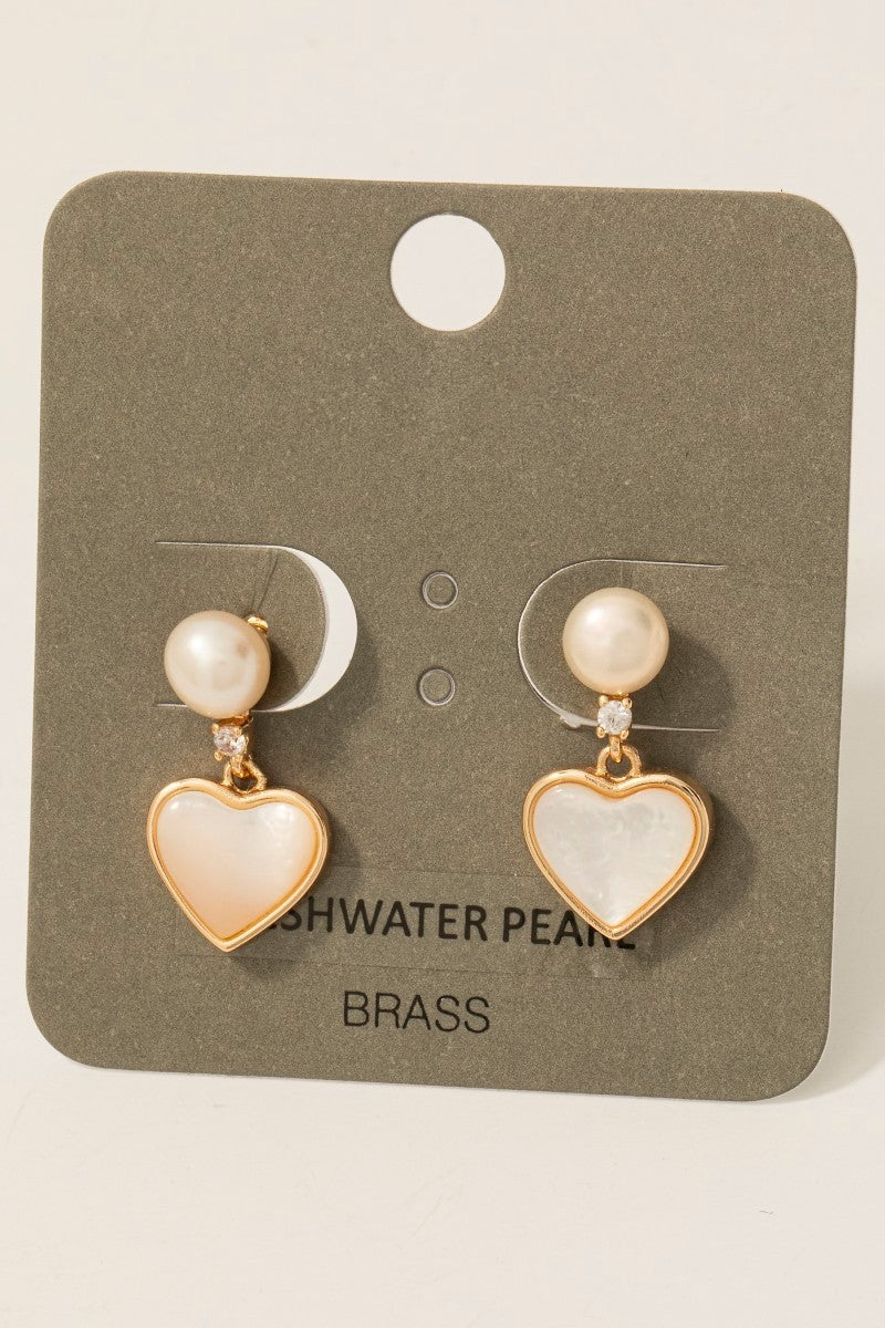 GOLDEN Bastienne Freshwater Pearl Heart Charm Stud Drop Earrings