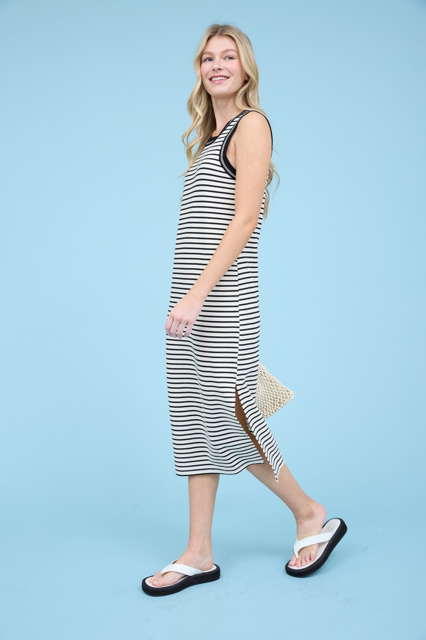 GOLDEN Melusine Stripe Side Slit Tank Maxi Dress Black