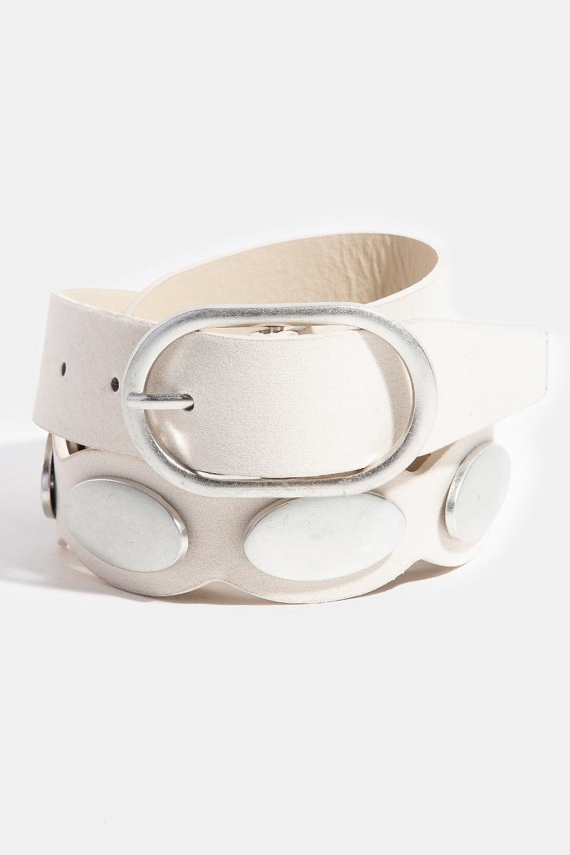 GOLDEN Crescent Oval Accent Faux Suede Belt Silver Cream