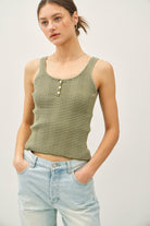 GOLDEN Taliah Striped Button Up Henley Tank olive
