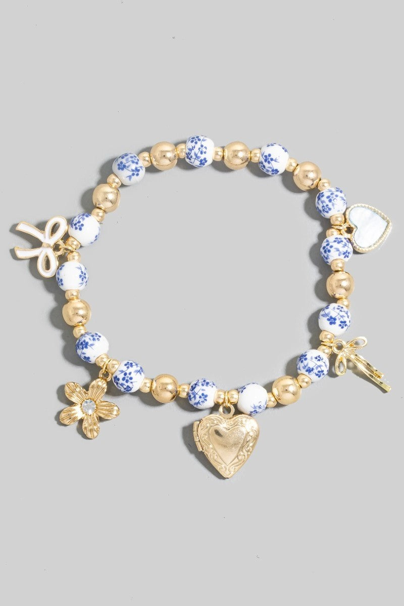 GOLDEN Voro Flower And Heart Locket Charms Floral Ceramic Beaded Bracelet
