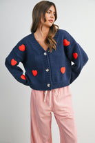 GOLDEN Kit Heart Pattern Cropped V-neck Cardigan Top Navy