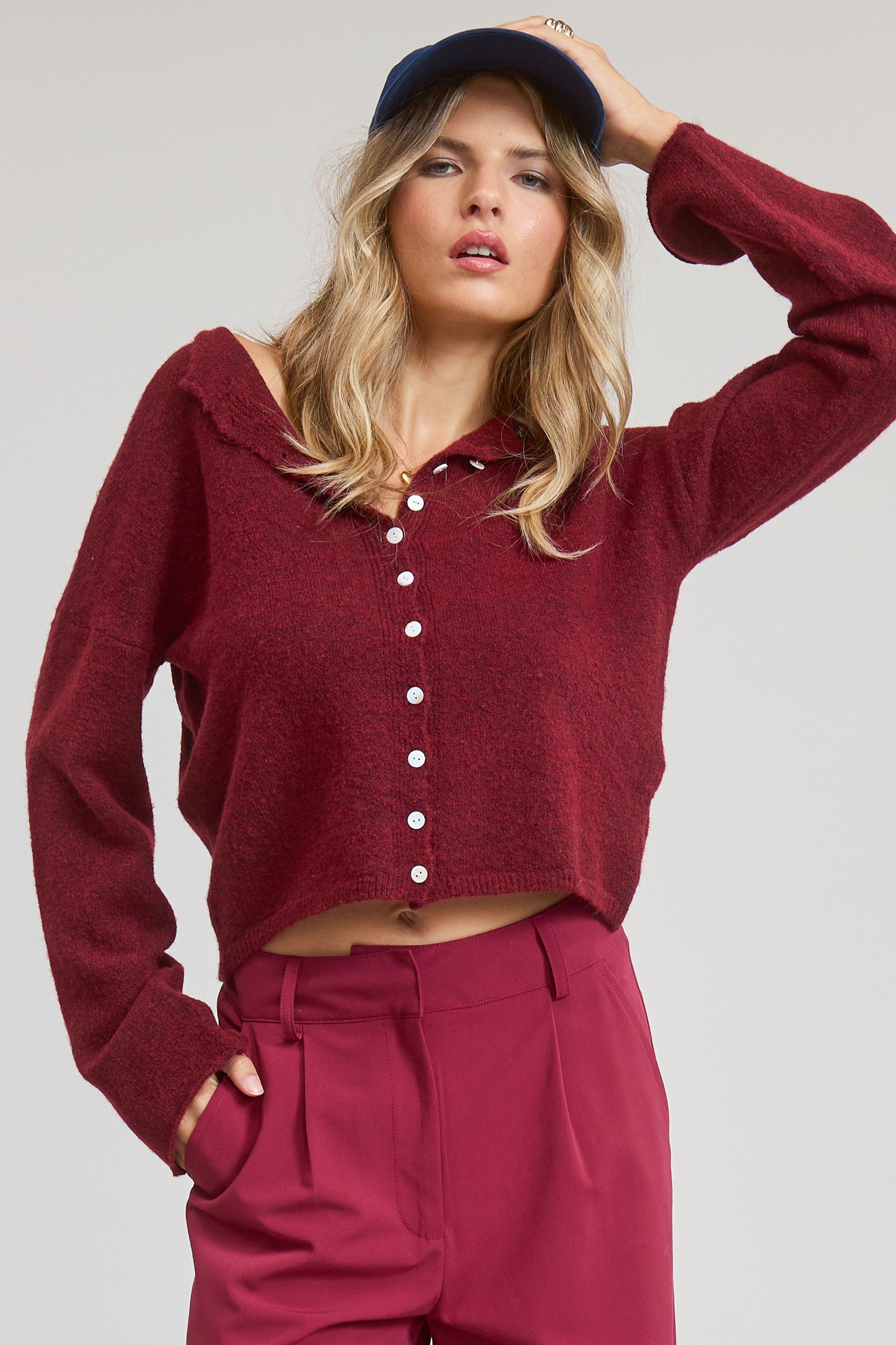 GOLDEN Pilialoha Essential Button Down Cardigan Top Burgundy