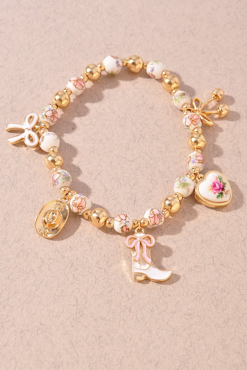 GOLDEN Viola Western And Heart Charms Floral Ceramic Beaded Bracelet