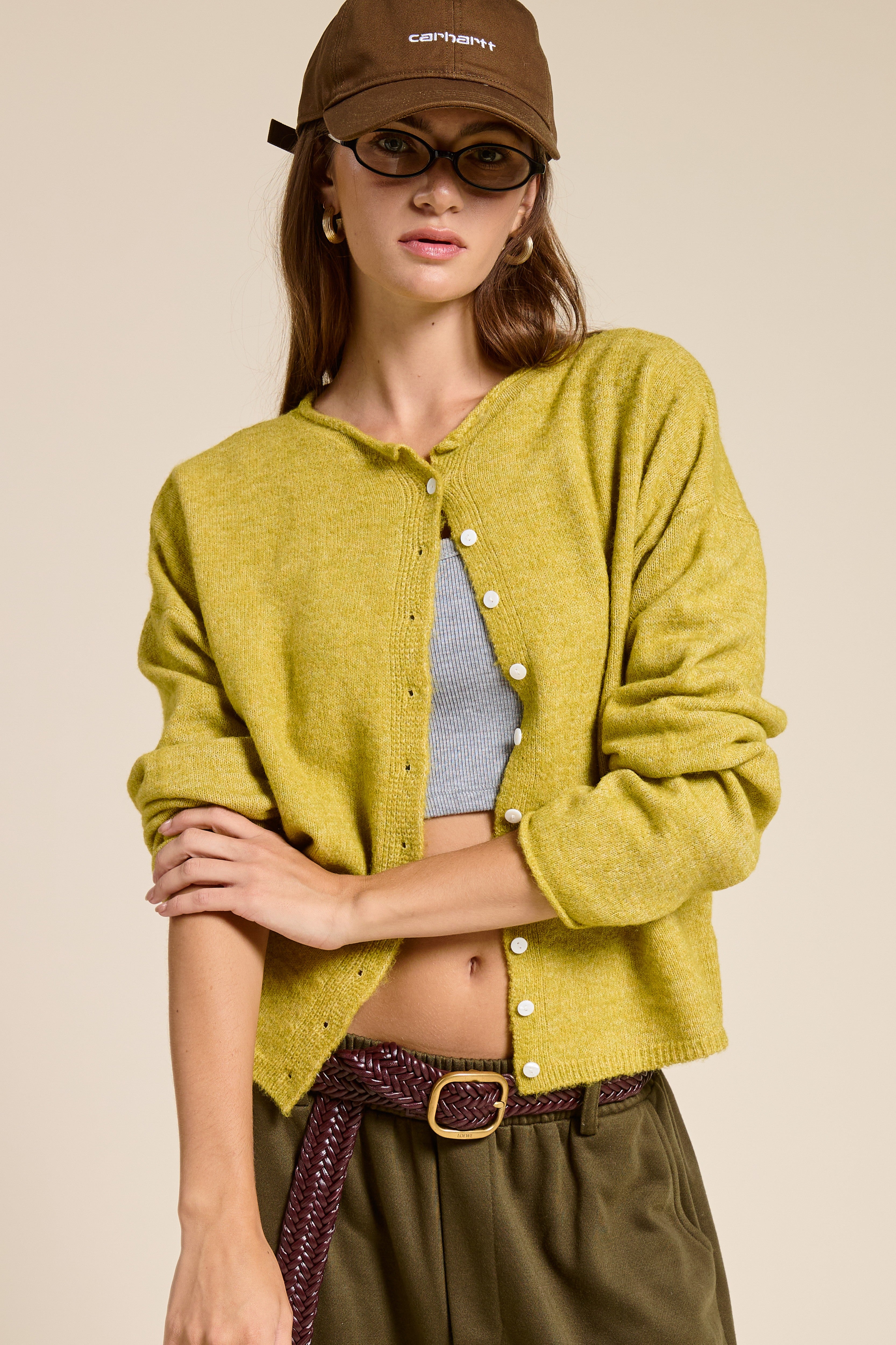 GOLDEN Pilialoha Essential Button Down Cardigan Top Dijon