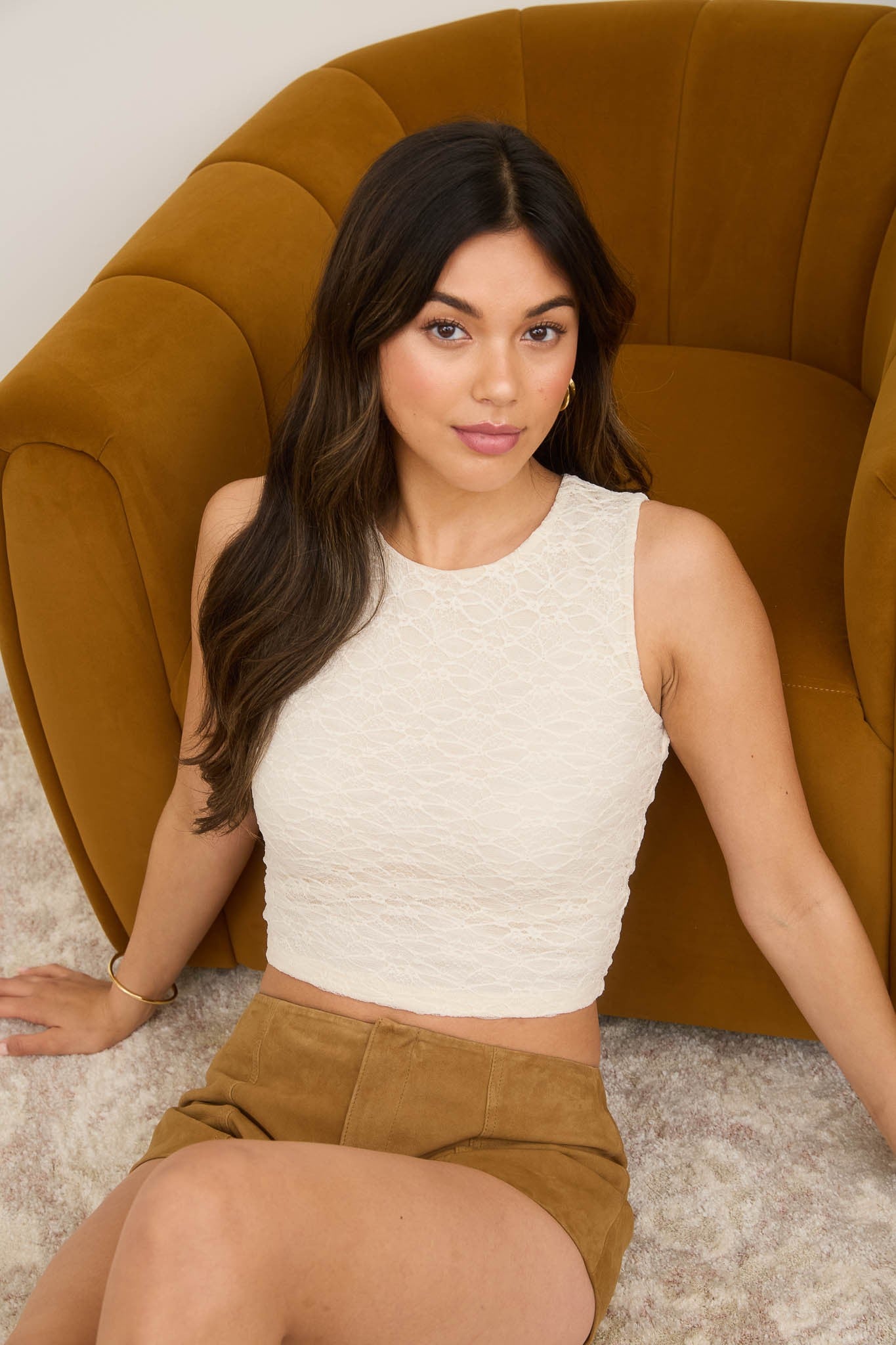 GOLDEN Lemarr Lace Sleeveless Cropped Knit Tank Top