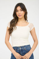 GOLDEN Lillis Lace Front Bow Short Sleeve Knit Top in Cream 