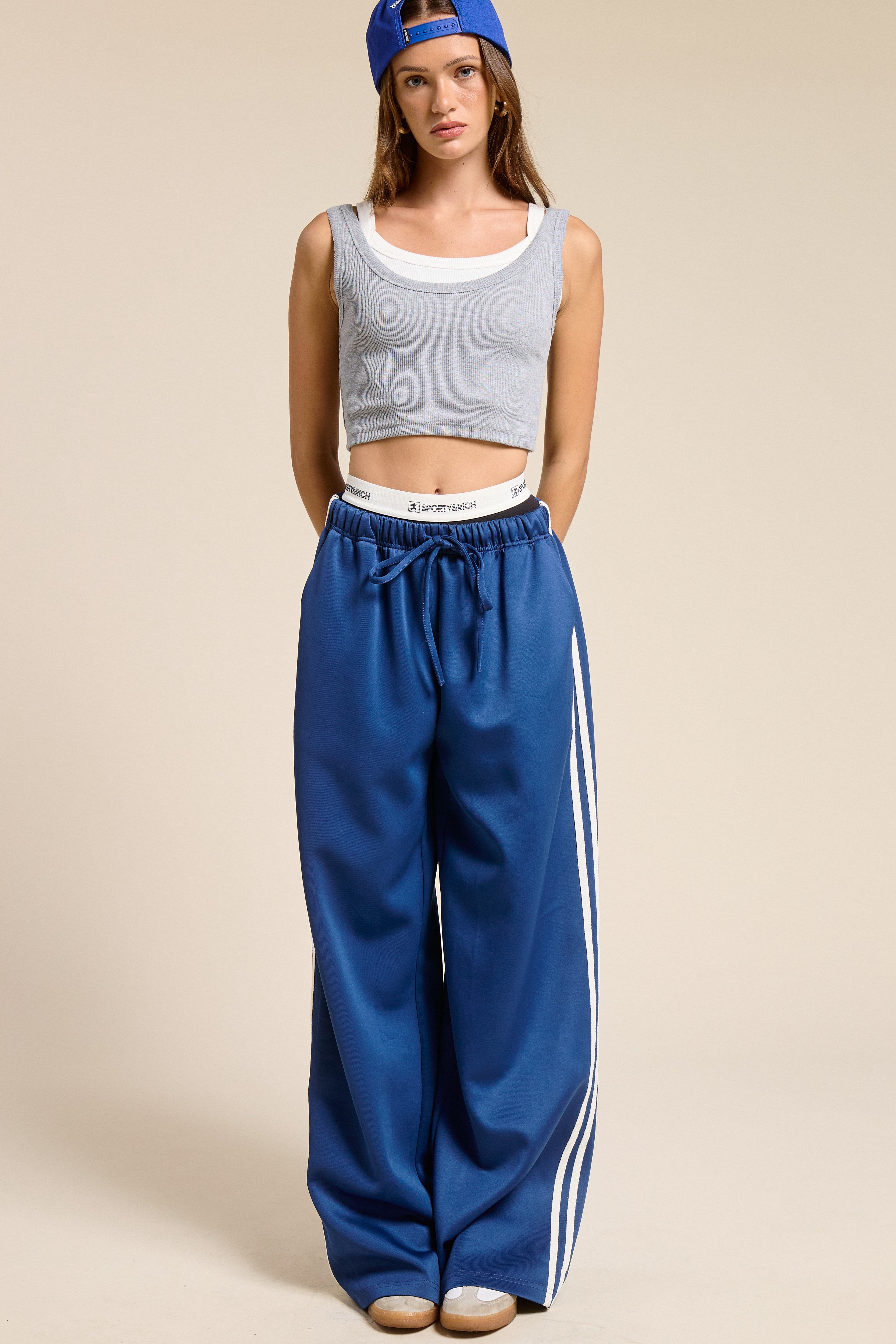 GOLDEN Vera Wide Leg Track Pants With Side Stripes Blue