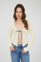 GOLDEN Leontine Lace Ribbon Trim Front Tie Cardigan Cream