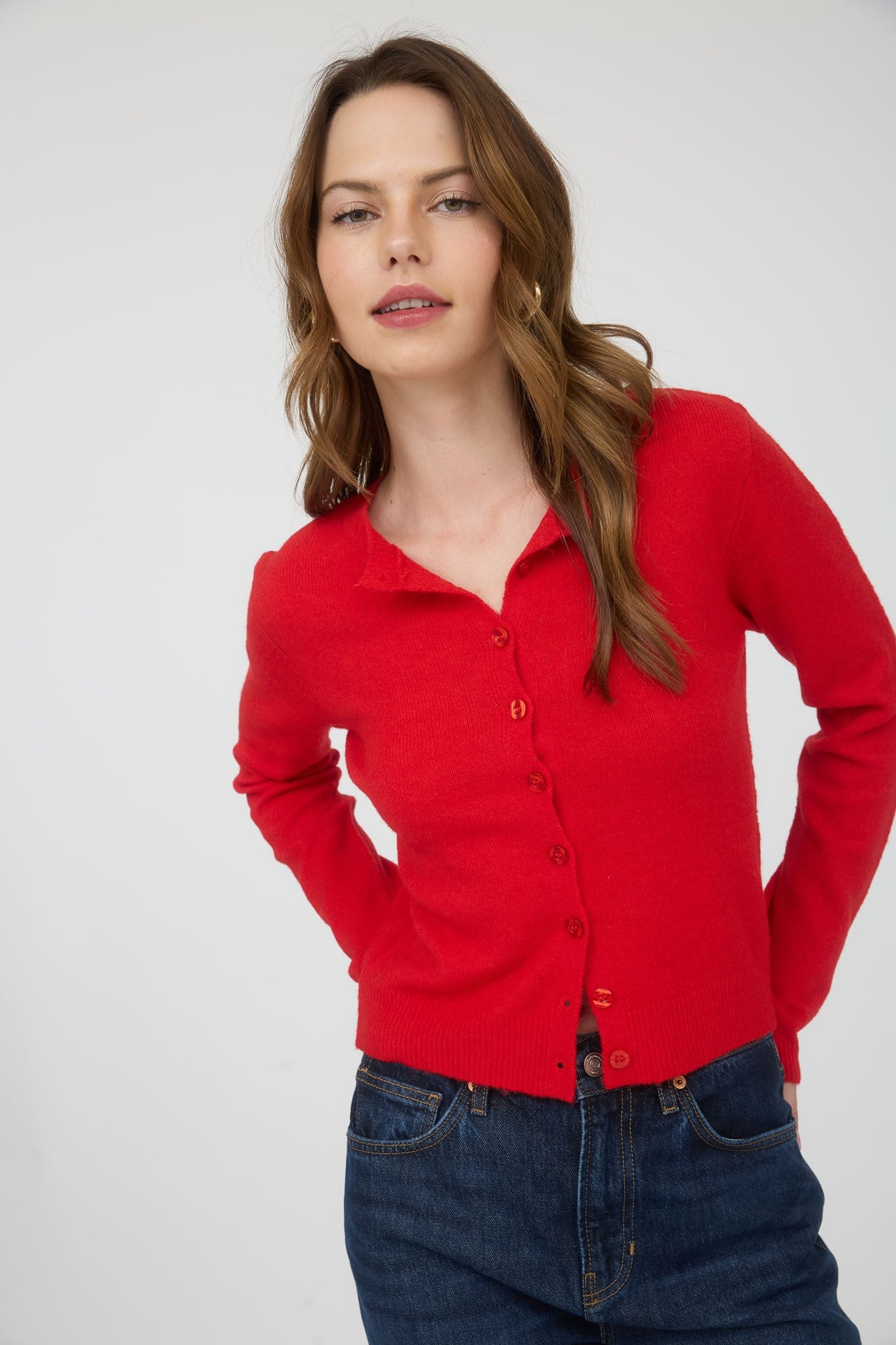 GOLDEN Linnet Round Neck Button Down Long Sleeve Cardigan - Bright Red