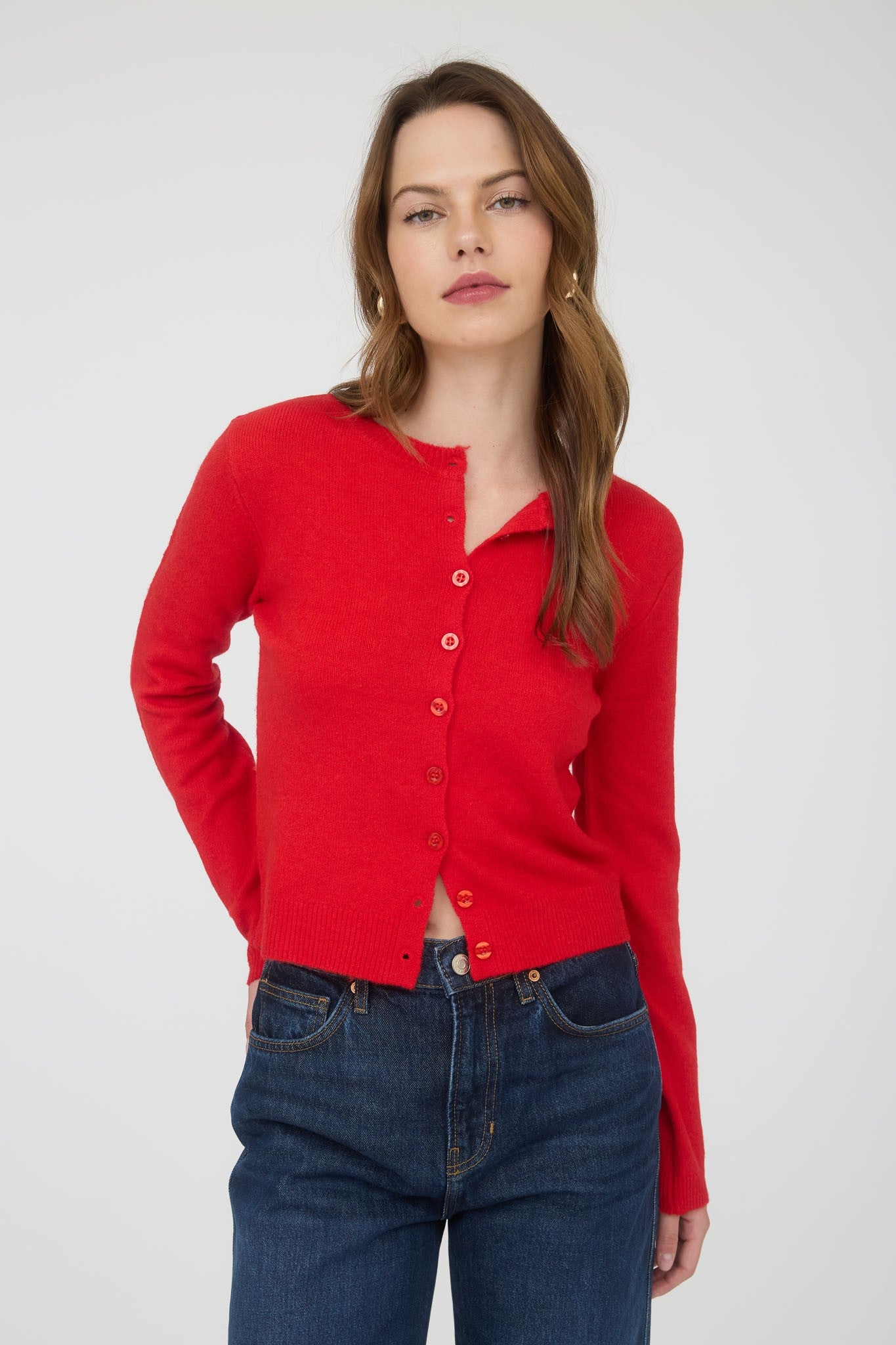 GOLDEN Linnet Round Neck Button Down Long Sleeve Cardigan Bright red