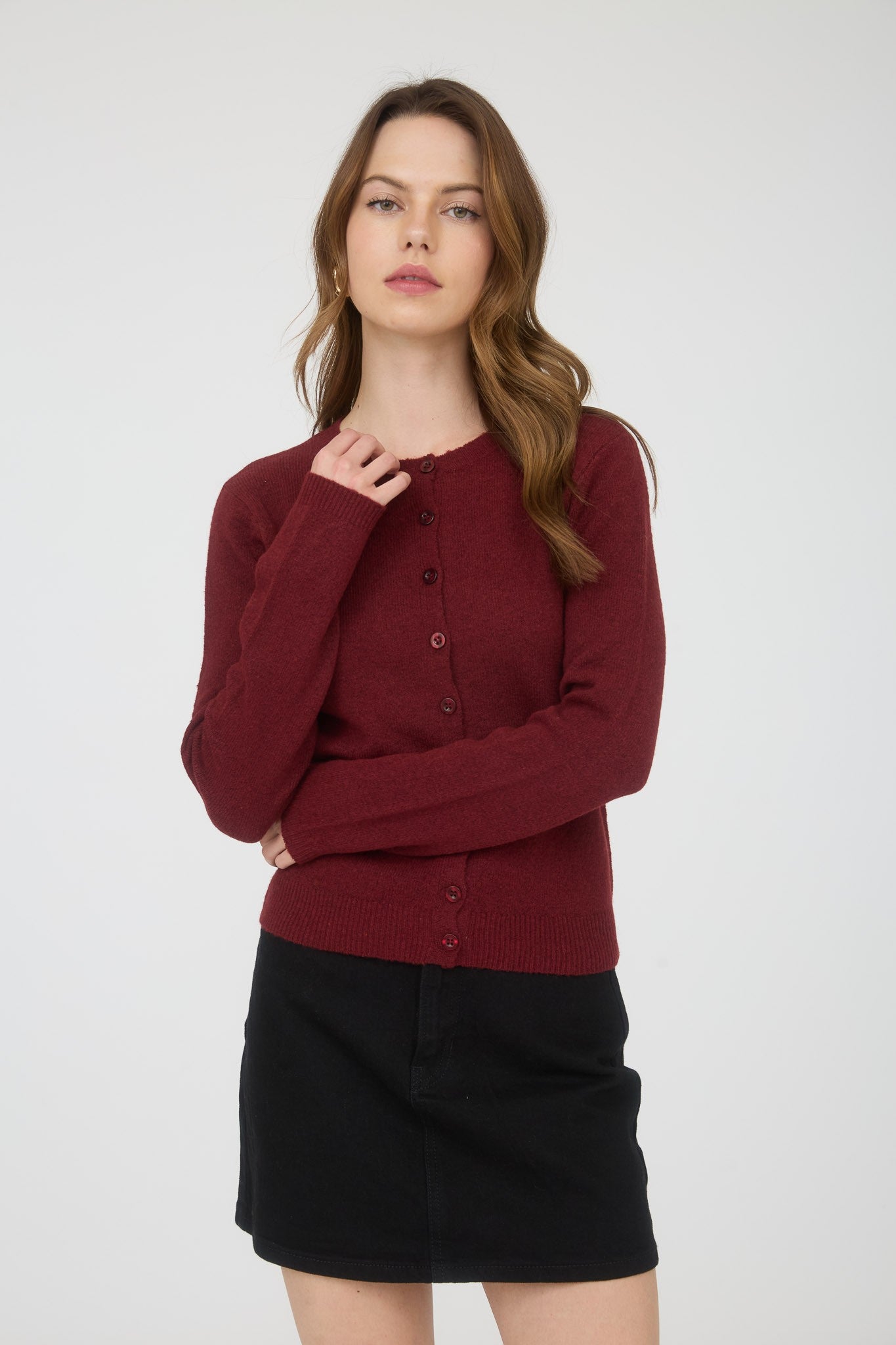GOLDEN Linnet Round Neck Button Down Long Sleeve Cardigan Burgundy