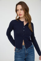 GOLDEN Linnet Round Neck Button Down Long Sleeve Cardigan Navy