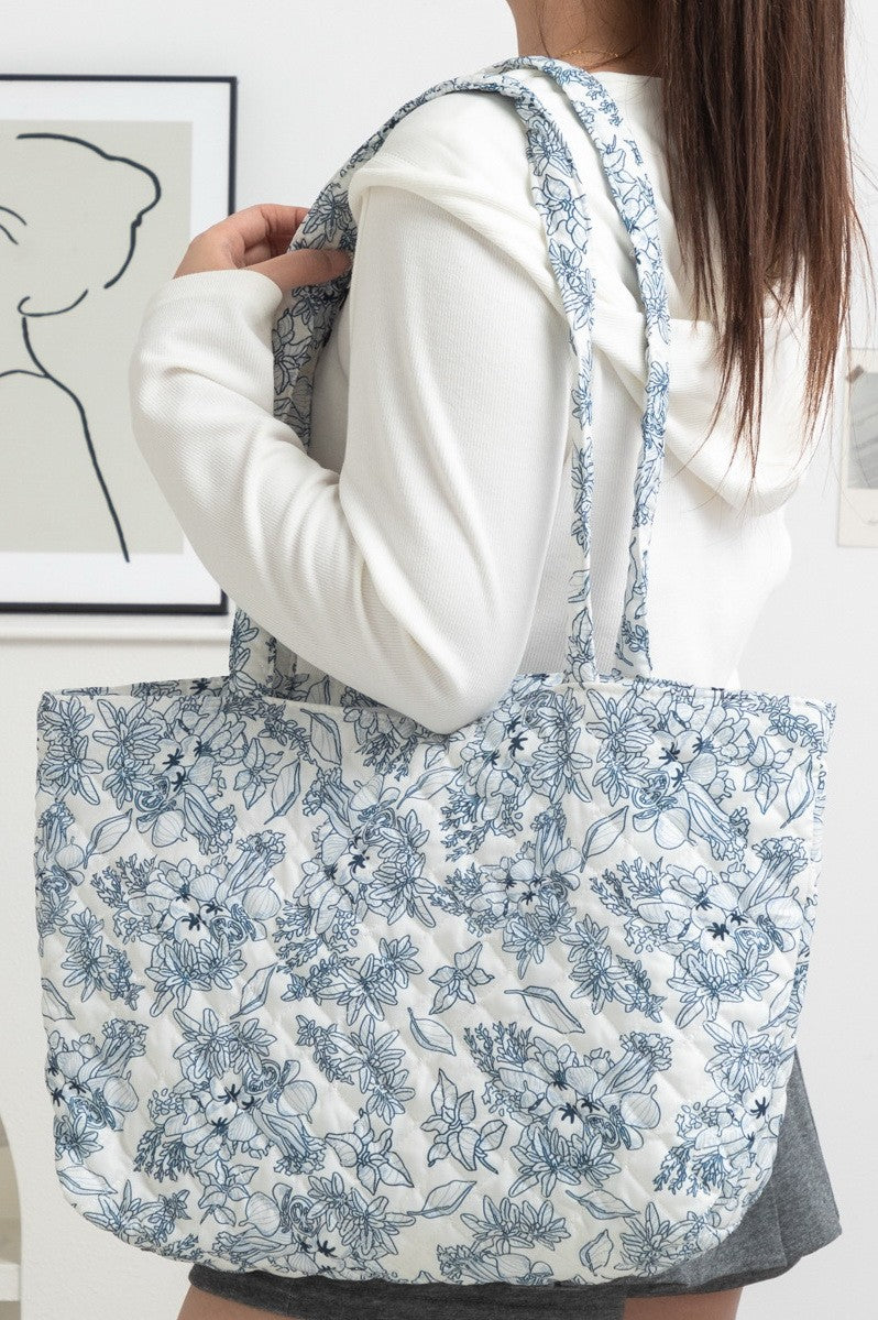 JOSSLYN by Wall to Wall Organic Blue Floral Quilted Tote Bag