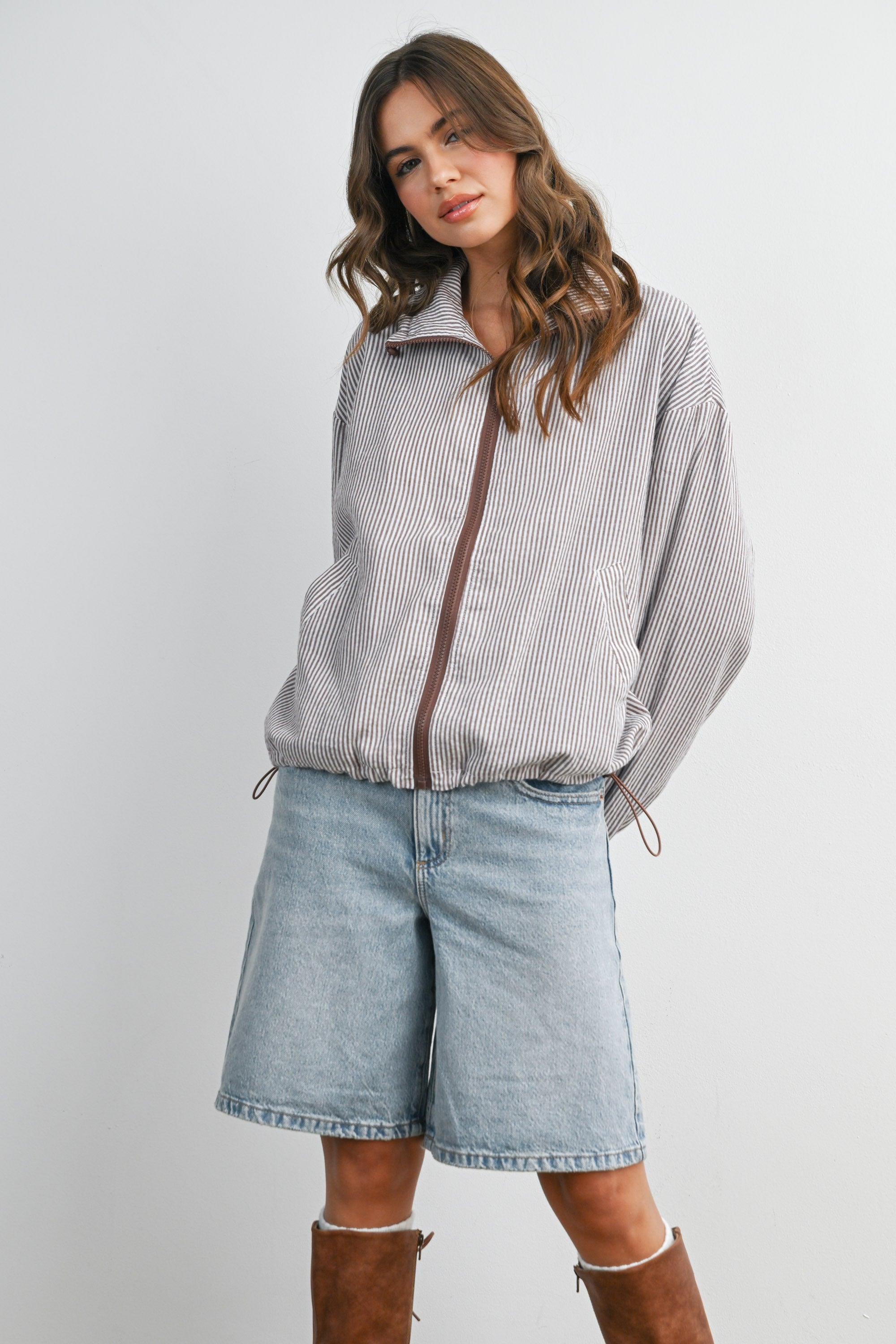 GOLDEN Isolde Striped Collared Zip-front Drawstring Jacket