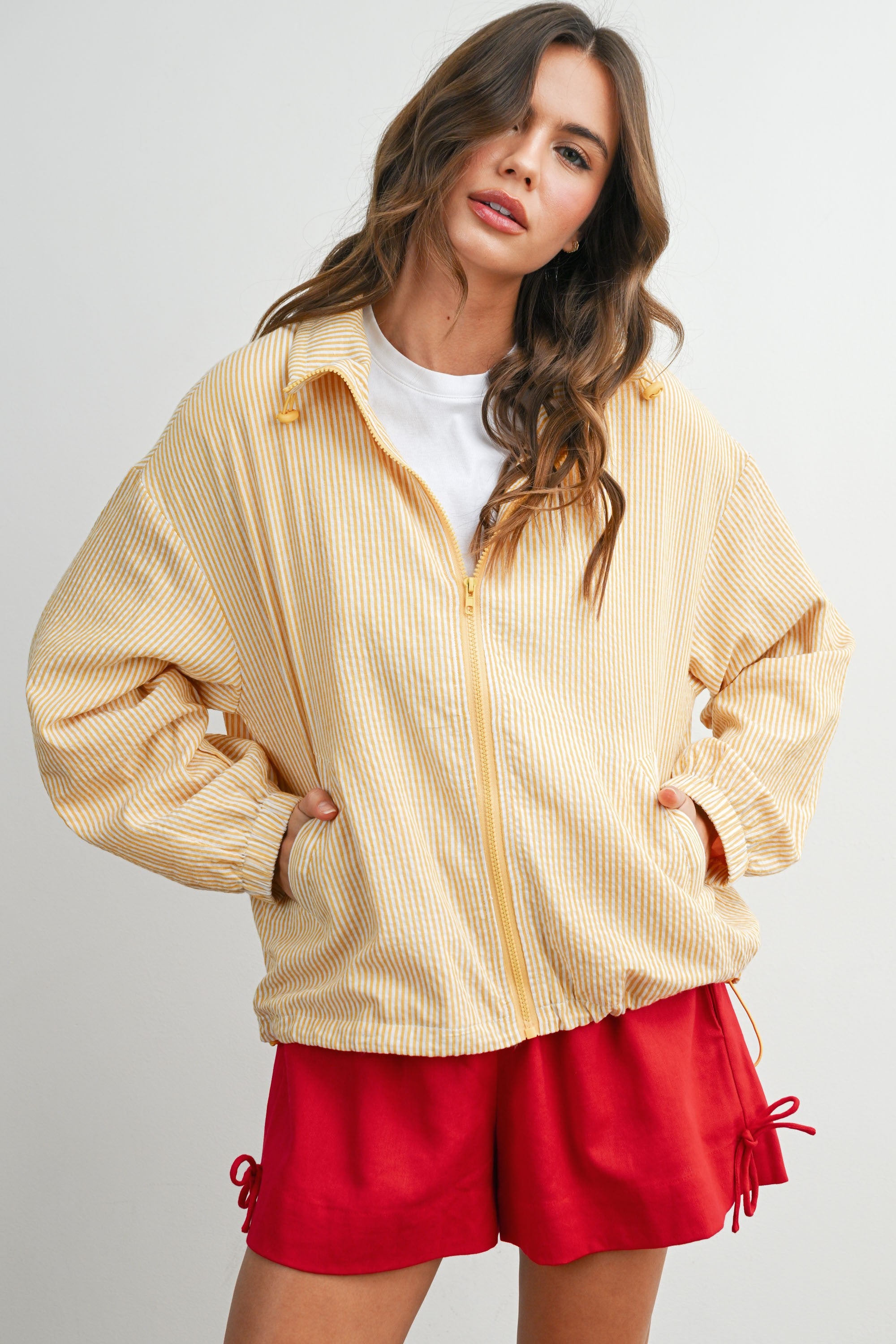 GOLDEN Isolde Striped Collared Zip-front Drawstring Jacket