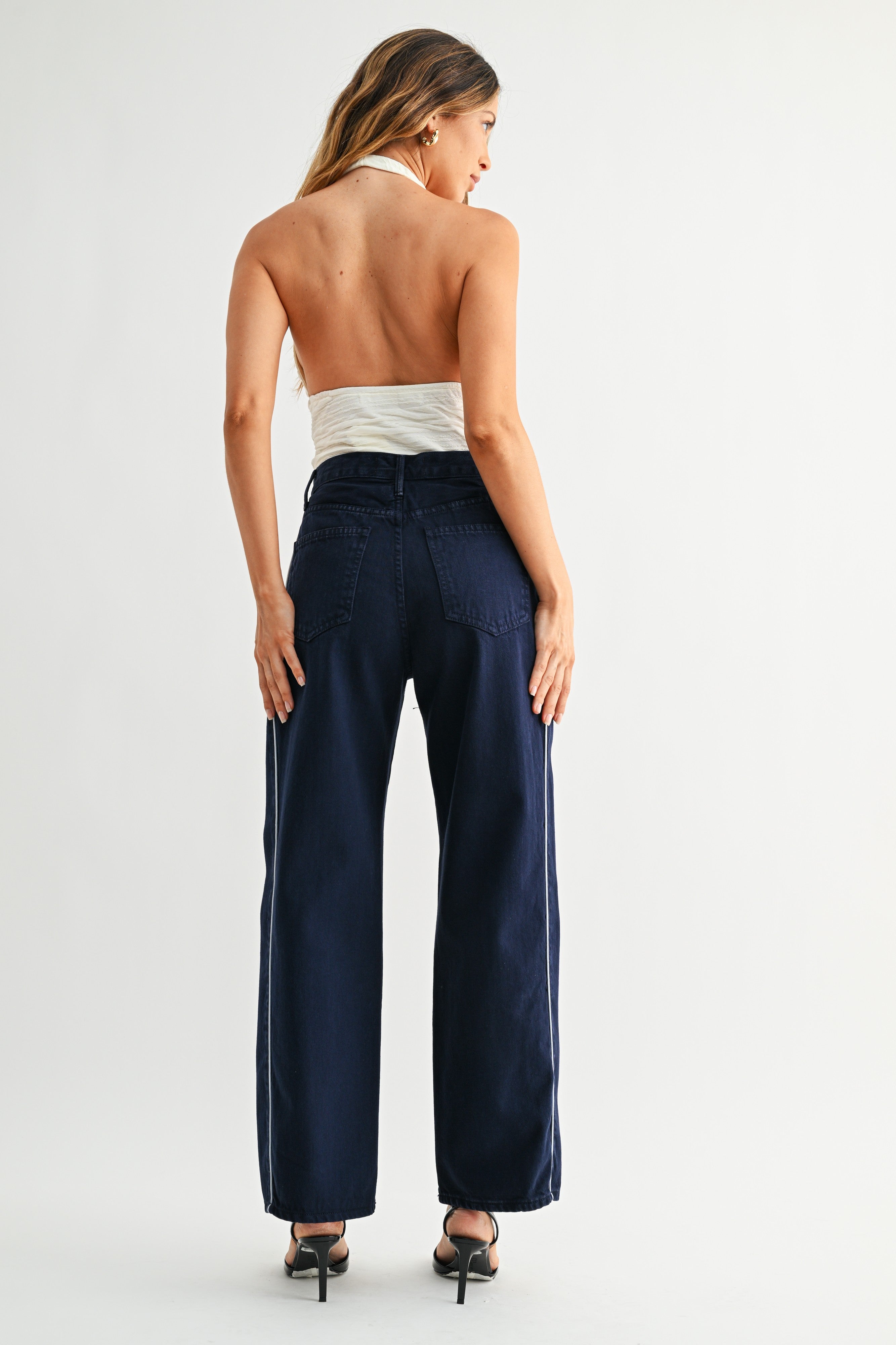 SJG Annalise Denim Barrel Jean with Side Stripe in Navy – Golden