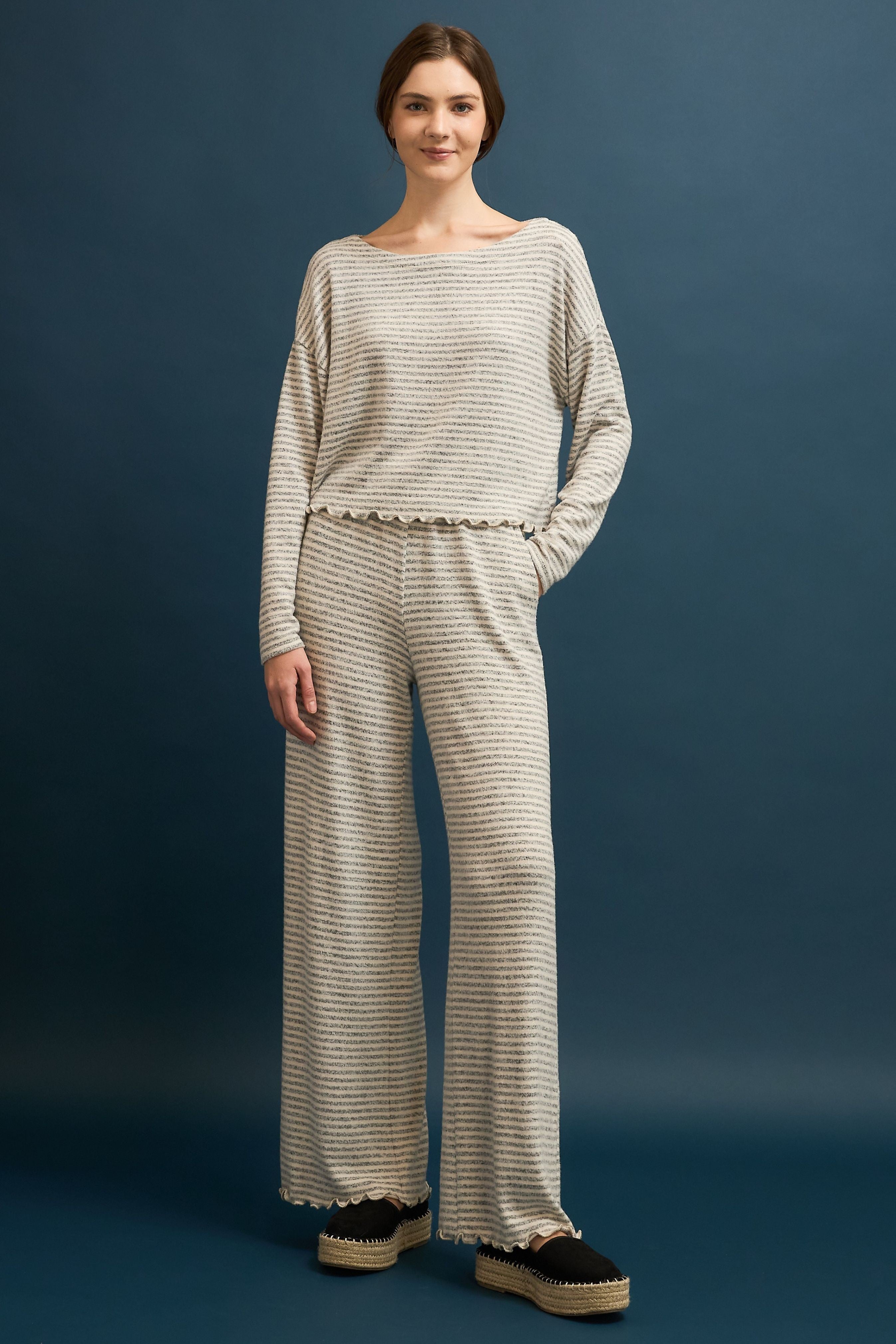 Golden Elaris Brushed Stripe Top and Pant Set in Oat Charcoal